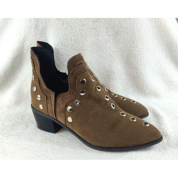 Studded Shoe Boot Two-Tone Brown Faux Leather Silver Studs Medium Block Heel - Picture 2 of 13
